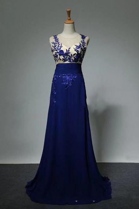Sleeveless prom dress ,royal blue evening dress,o-neck party dress ,custom made