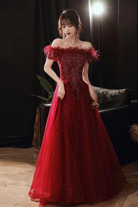 Long ,Burgundy prom gown,off shoulder evening dress,custom made