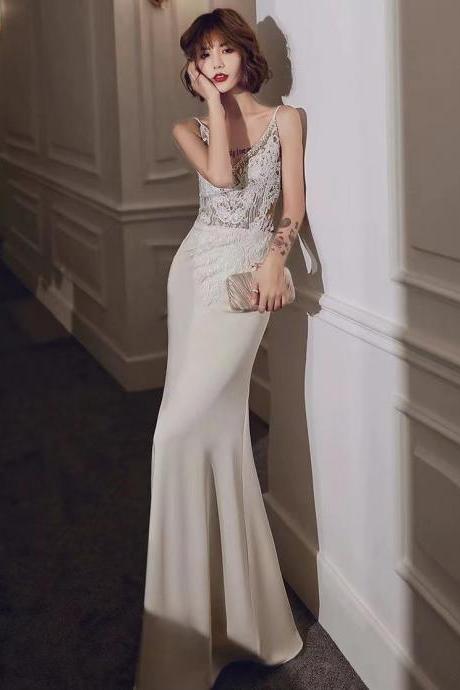 Spaghetti strap evening dress, aura queen prom dress, sexy white mermaid dress ,custom made