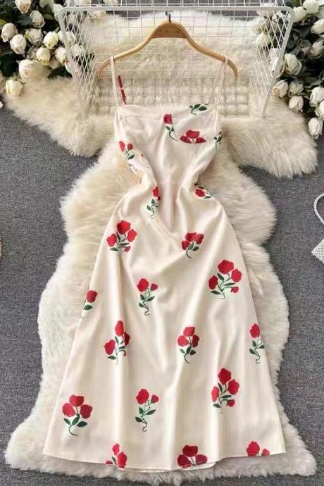 Vintage, rose print, halter dress, summer, slim, elegant dress