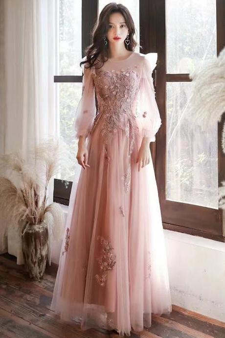 Pink party dress,fairy dress, temperament long dress,socialite applique dress,custom made