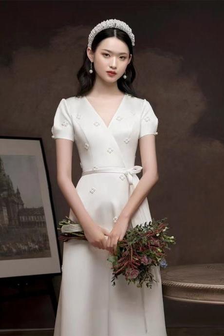 Summer, elegant, vintage satin light wedding dress, v neck white dress,custom made