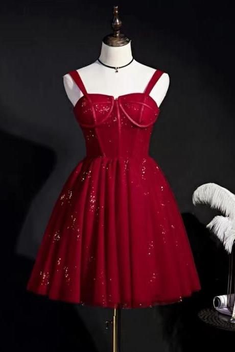 Spaghetti strap homecoming dress, sequined cute dress, red birthday dress, custom made