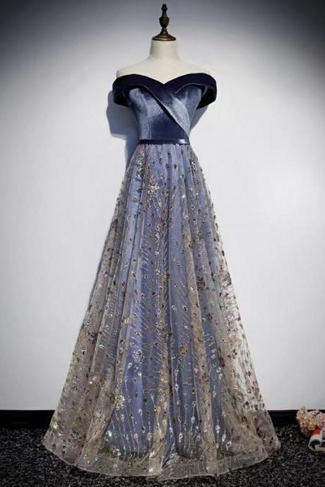Off-the-shoulder Evening Dress, Elegant Blue Dress,socialite Prom Dress ,custom Made