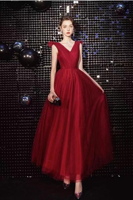 Long red evening dress, sexy V-neck simple dress ,custom made