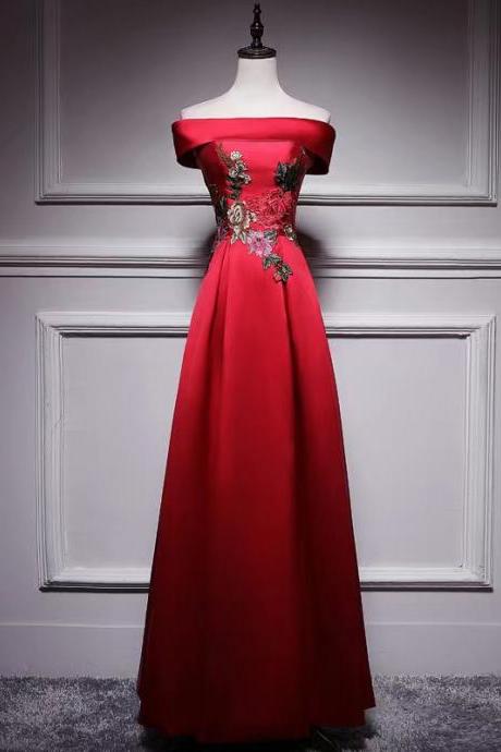 Satin Evening Dress, Red Prom Dress, Formal Party Dress With Applique,custom Made