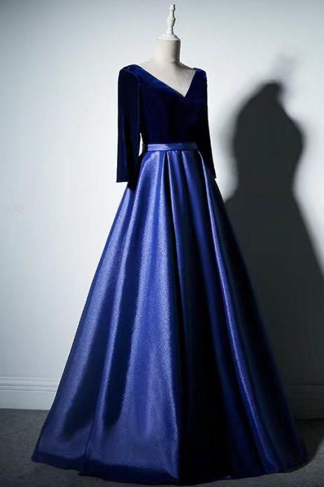 Long Sleeve Evening Dress, Blue Prom Dress, Formal Party Dress ,custom Made