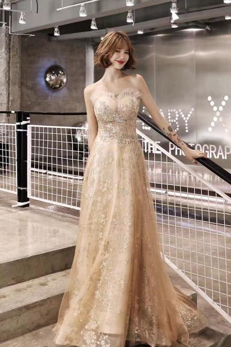 Strapless Evening Dress, Gold Prom Dress, Sequin Party Dress ,custom Made