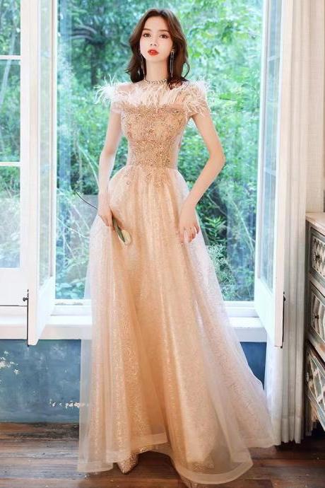 New, elegant prom dress, champagne fairy dress, off-shoulder feather dress ,custom made