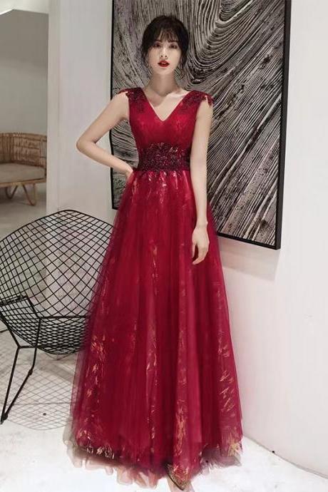 V-neck prom dress,red party dress, charming evening dress ,custom made