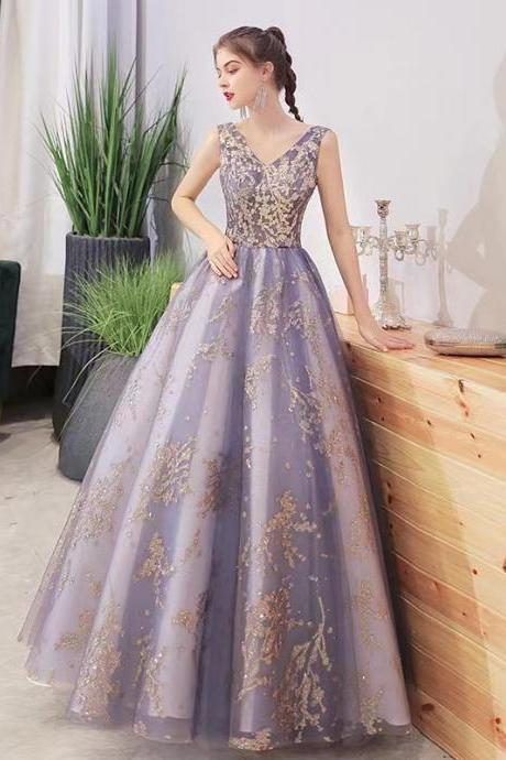 V-neck Party Dress, Cute Prom Dress ,purple Evening Dress,custom Made