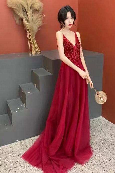 V-neck party dress,red prom dress,sexy beaded evening dress,custom made