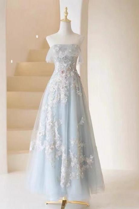 Strapless party dress,blue birthday dress,fairy midi dress with applique,custom made