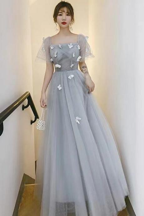 Princess party dress,gray prom dress,chic birthday dress with applique,custom made