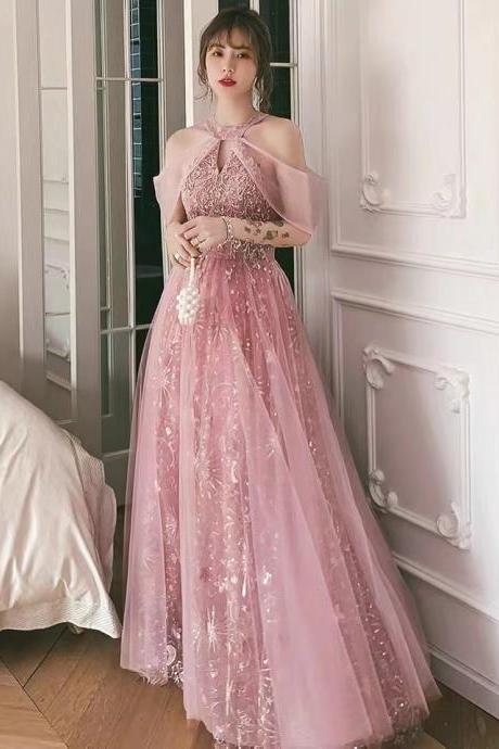 Pink party dress,halter neck prom dress,sweet birthday dress,custom made
