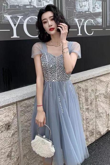 Blue homcoming dress, beaded birthday dress,custom made