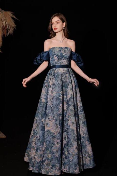 Texture princess court dress, oil painting style blue evening dress,custom made