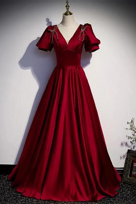 Red evening dress ,v-neck party dress,satin prom dress,custom made