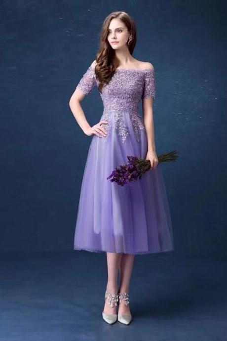 Purple Midi Dress,o-neck Party Dress,formal Homecoming Dress,custom Made