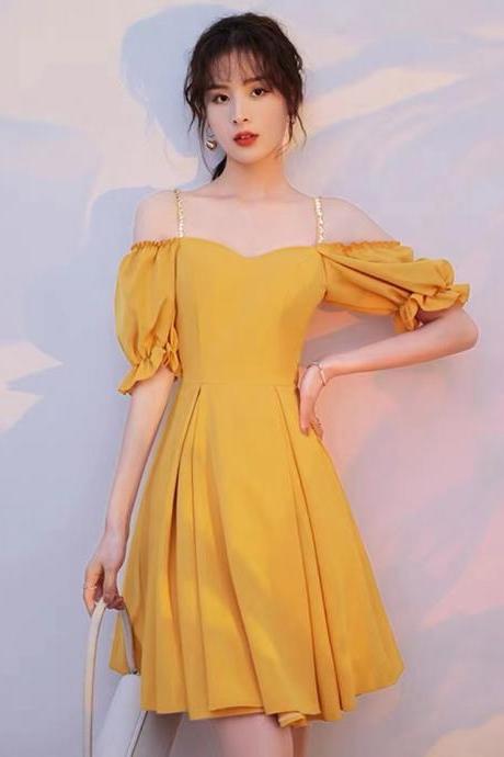 Yellow Party Dress,spaghetti Strap Homecoming Dress,custom Made