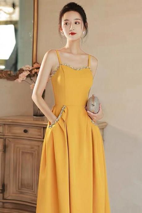 Yellow party dress,spaghetti strap homecoming dress,bright midi dress,custom made
