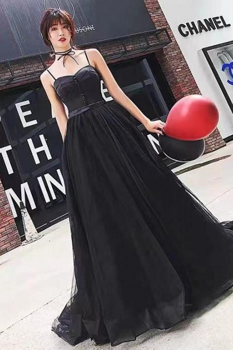 Spaghetti Strap Prom Dress,little Black Party Dress, Sexy Evening Dress,custom Made
