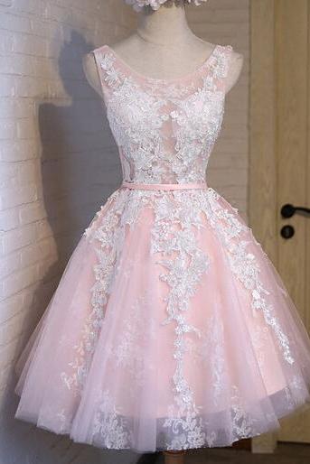 Cute Party Dresses,light Pink Tulle Handmade Short Prom Dress With Lace Applique, Pink Homecoming Dresses, Lace Graduation Dresses ,custom Made