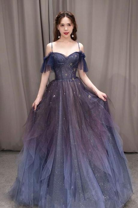 Unique Blue Beaded Prom Dress, Gradient Tulle Long Formal Dress, A-line Straps Sweetheart Tulle Prom Dress ,custom Made