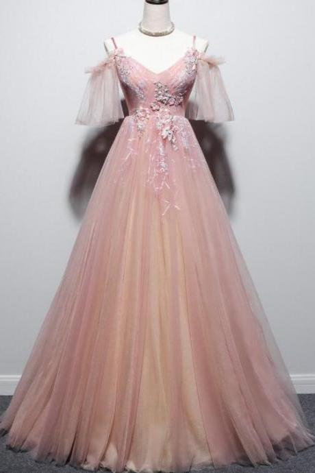 Sweet Pink Straps V-neckline Tulle Dress,floral Prom Dress, Pink Floor Length Party Dress ,custom Made