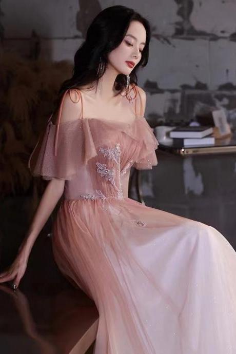 Pink Evening Dress, Spaghetti Strap Party Dress, Fantasy Prom Dress ,custom Made