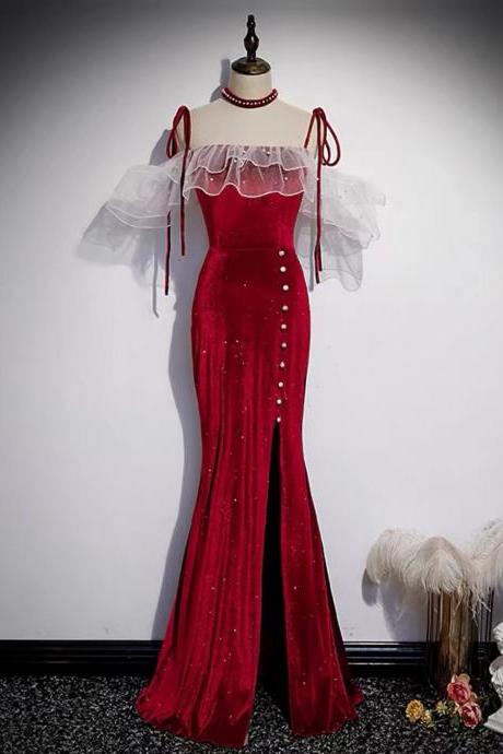 Spaghetti Strap Velvet Dress, Burgundy Mermaid Evening Dress, High Quality Bodycon Dress,custom Made