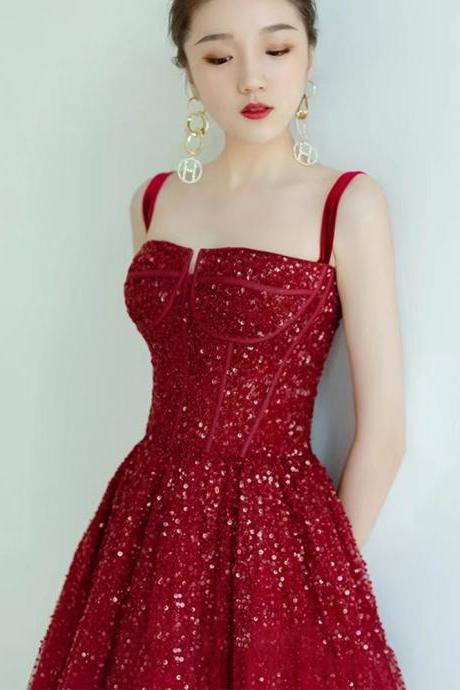 Red Sense Evening Dress, Spaghetti Strap Party Dress,beaded Prom Dress,custom Made