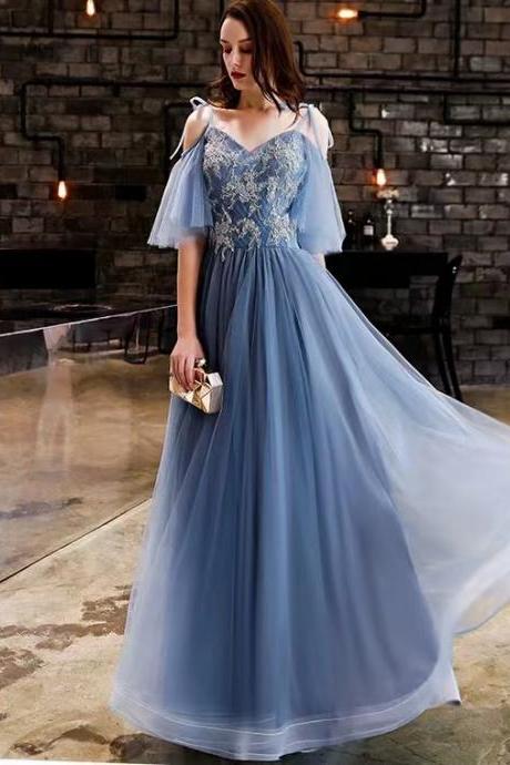 New, noble party dress, socialite long prom dress, blue spaghetti strap bridesmaid dress,Custom Made