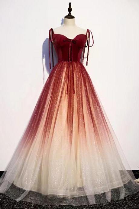 Red party dress,pretty prom dress, spaghetti strap gradient evening dress,Custom Made