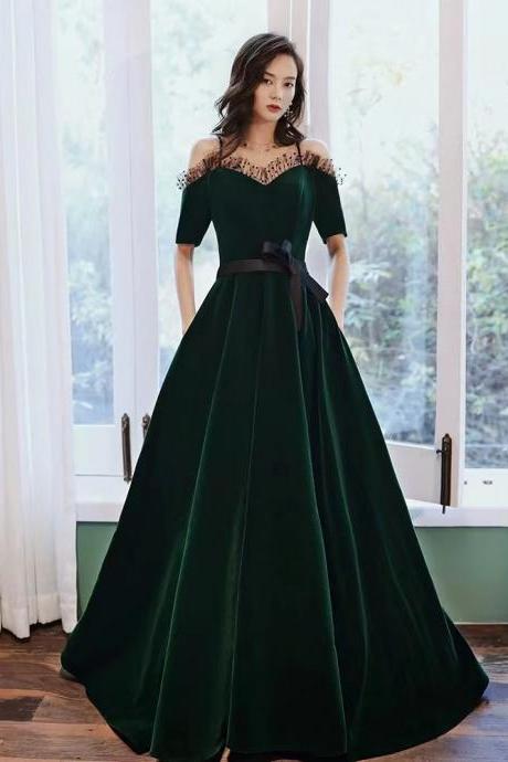 Velvet prom dress,dark green evening dress, off shoulder temperament party dress,Custom Made