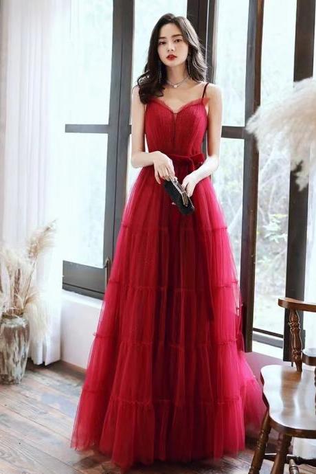 spaghetti strap prom dress, red party dress,Custom Made