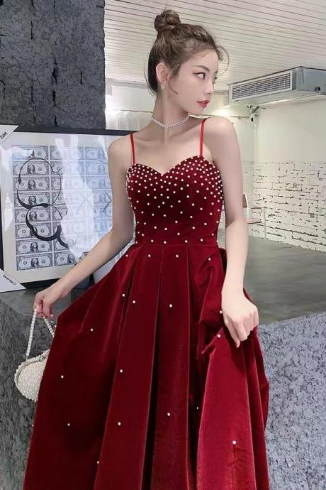 Red birthday dress, spaghetti strap evening dress, temperament party dress,Custom Made