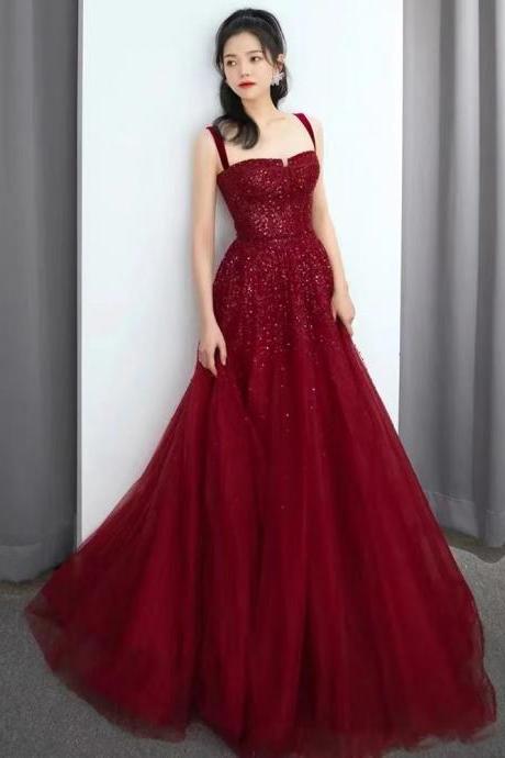 Red prom dress, spaghetti strap evening dress,princess dress, fancy party dress,Custom Made