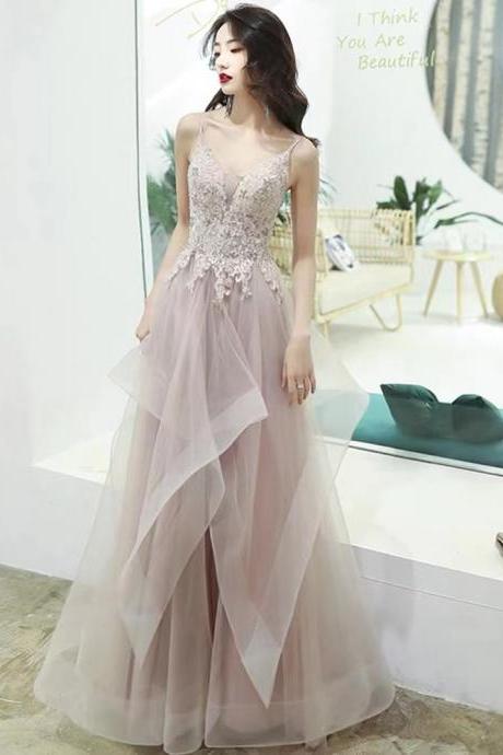 Blush pink prom dress, spaghetti strap evening dress,graduation party dress,Custom Made