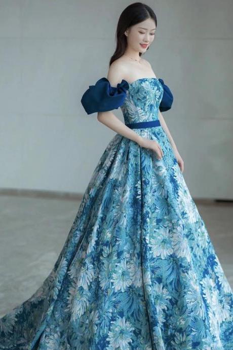 Off-the-shoulder evening dress, light luxury party dress, temperament ball gown printed dress,custom made