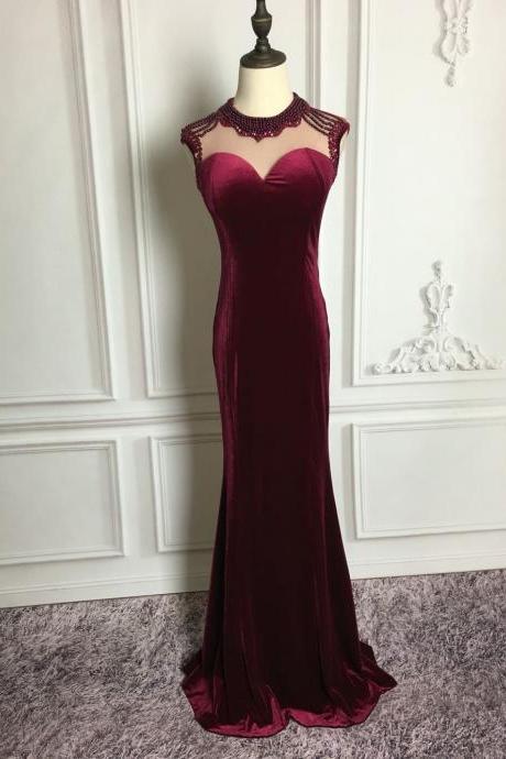 Elegant Burgundy Velvet Beaded Mermaid Party Dresses,velvet Prom Dresses , Bodycon Formal Gowns,custom Made