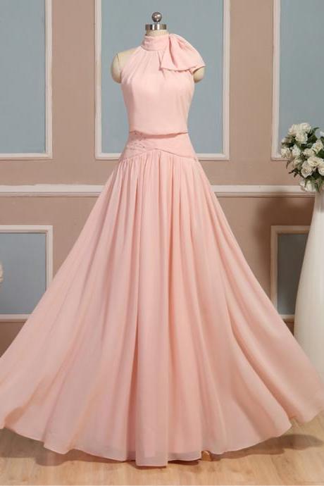 Light Pink Halter Long Formal Dresses, Pink Bridesmaid Dresses, Elegant Evening Dresses,,custom made