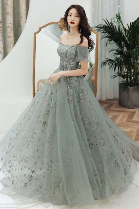 Gray Green Party Dress, Off Shoulder Lace Sweetheart Party Dress, A-line Long Prom Gown,custom Made