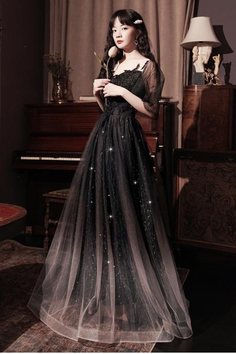 Black Lace Applique Prom Dress, Gradient Tulle Long Party Dress, Black Long Formal Dress Evening Dress,custom Made