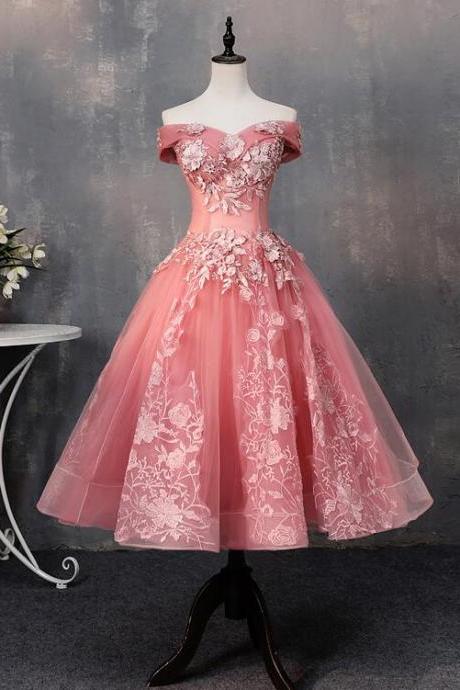 Pink Tea Length Sweetheart Homecoming Dresses,off Shoulder Prom Dress, Sweet 16 Dresses,custom Made