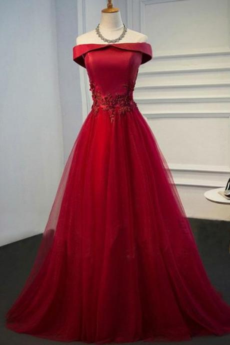Red Satin And Tulle Off Shoulder Long Formal Gowns, Red Party Dress, Lace-up Back Party Dress,custom Made