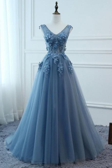 Blue Tulle Prom Dresses, Long V-neck Party Gowns, Sexy Prom Dresses,custom Made