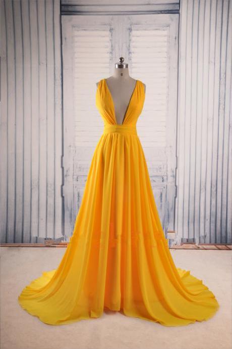 Yellow Chiffon Plunge V Sleeveless Floor Length Formal Dress Featuring Criss-Cross Open Back, Prom Dress,Custom Made
