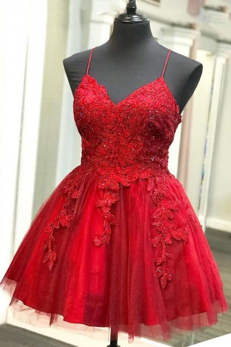 Spaghetti Strap Homecoming Dress,red Party Dress,lace Birthday Dress,custom Made