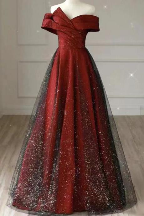 Off Shoulder Burgundy Gown, High-class Evening Dress, Glitter Sparkly Prom Gown,custom Made